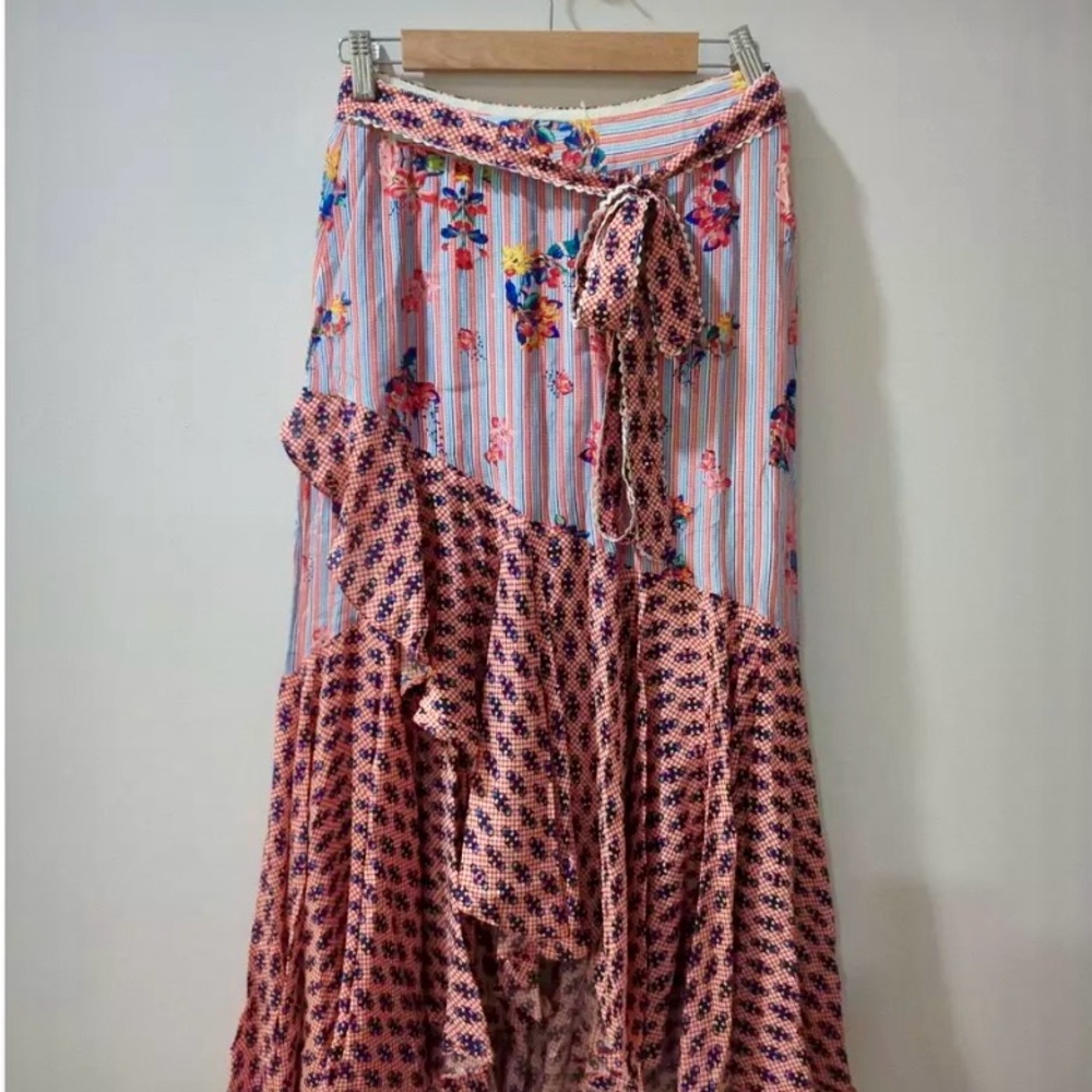 Anthropologie Pink and White Wrap Maxi Skirt